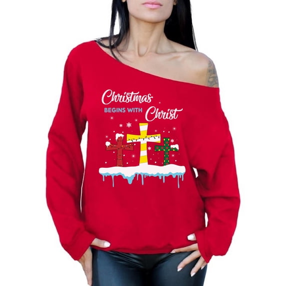 Christmas Sweater for Her Jesus Christ Sweater Jesus Sweatshirt for Women Christian Sweater for Ladies Christmas Begins with Christ Sweater Jesus Off Shoulder Sweatshirt Xmas Oversize Top