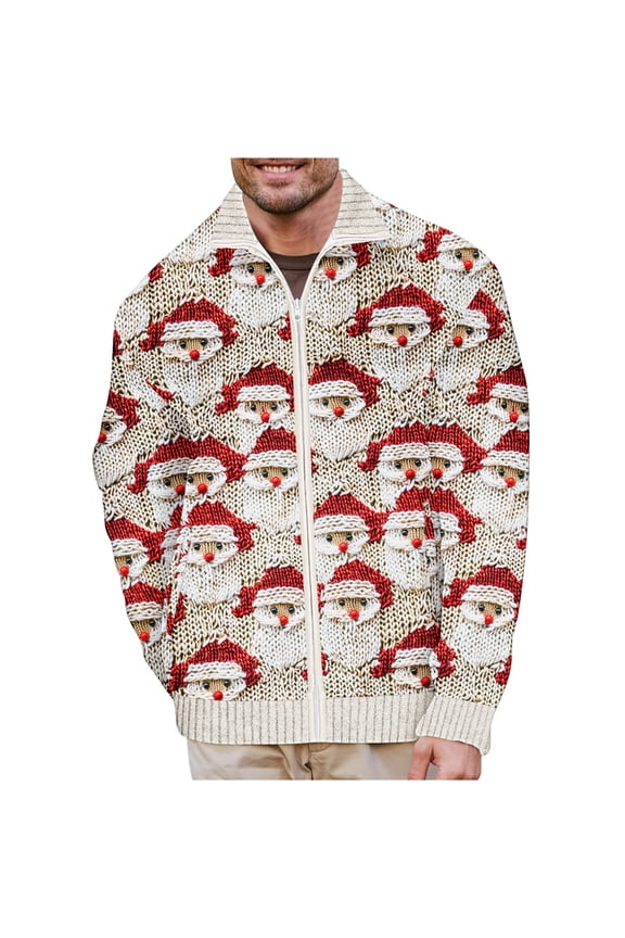 Christmas Sweater Jacket Men Zip Up Santa Knitted Cardigan Sweaters Xmas Warm Winter Coats with Pockets