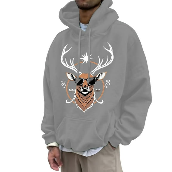 Christmas Sweater Men Sweatshirts Hooded Sweatshirts Christmas Reindeer Print (Grey XXL)
