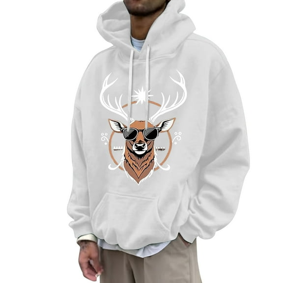 Christmas Sweater Men Sweatshirts Hooded Sweatshirts Christmas Reindeer Print (White S)