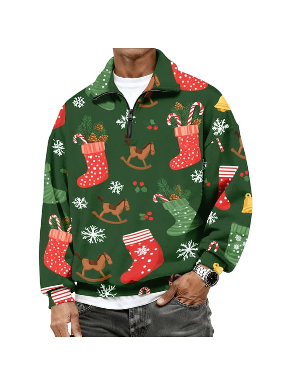 Christmas Sweater Men's Sweater Quarter Zip Pullover Mock Neck Cute Xmas Print Sweaters Fleece Slim Fit Relaxed Fit Sweatshirt Long Sleeve Pullover Tops