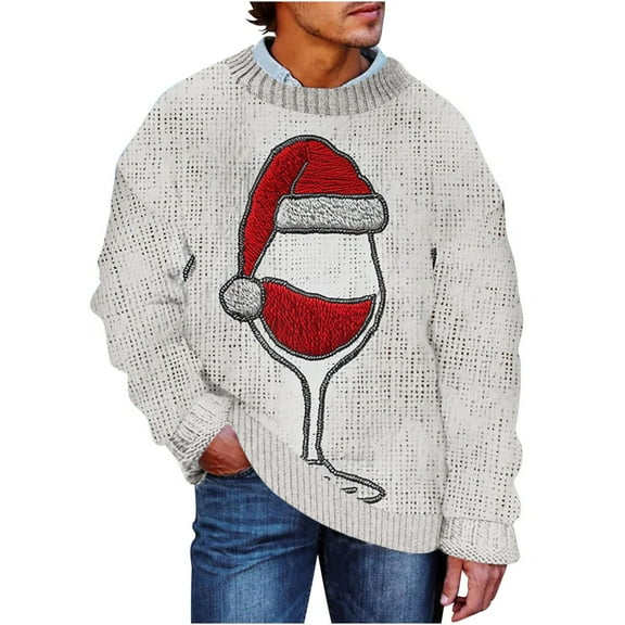 Christmas Sweater - Mens Sweaters, Men Christmas Sweater Christmas Red Wine Glass Pattern Sweaters Christmas Cozy Long Sleeve Round Neck Tops Pullover