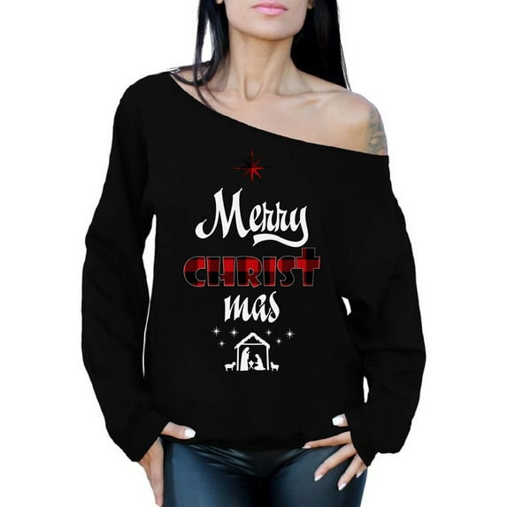 Christmas Sweater Merry Christmas Sweater Jesus Plaid Sweatshirt for Women Christian Cross Sweater for Ladies Jesus Christ Sweater Jesus Off Shoulder Sweatshirt Xmas Oversize Top Happy Holidays