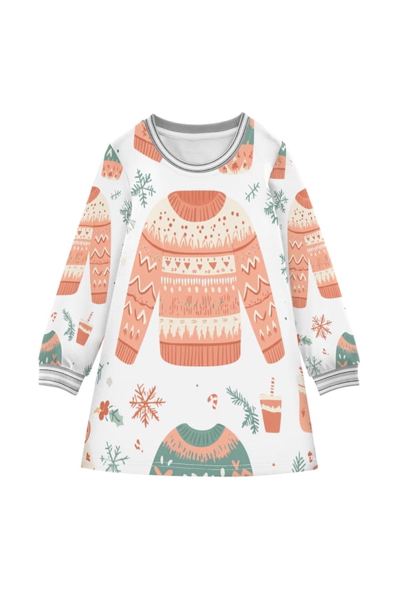 Christmas Sweater Pattern Girls'long-sleeved dress Thickened A-dress Warm Dress Basic Shirt Party Dresses