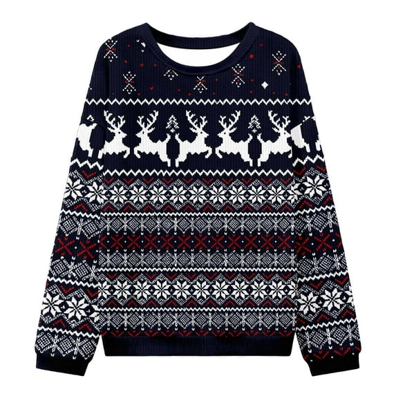 Christmas Sweater Reindeer Snowflakes Crewneck Knit Pullover Jumper Color: Navy Size: S