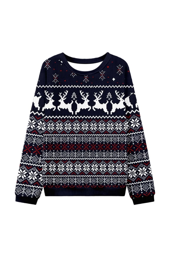 Christmas Sweater Reindeer Snowflakes Crewneck Knit Pullover Jumper Color: Navy Size: S