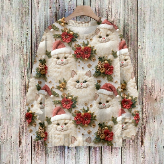 Christmas Sweater,Ugly Sweater,Christmas Sweaters for Women,Womens Long Sleeve Oversized Crewneck Knit Xmas Sweaters 2024 01-Beige S