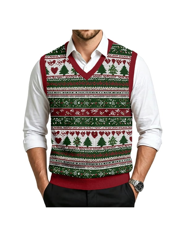 Christmas Sweater Vest Men Fall Casual Novelty Xmas Graphic Sleeveless V Neck Knit Holiday Party Pullover Vest Dark Green M