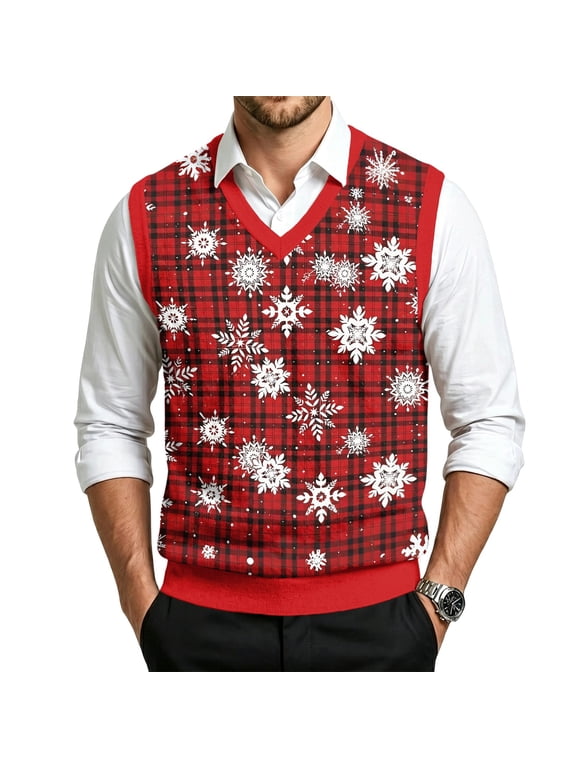 Christmas Sweater Vest Men Fall Casual Novelty Xmas Graphic Sleeveless V Neck Knit Holiday Party Pullover Vest Red S