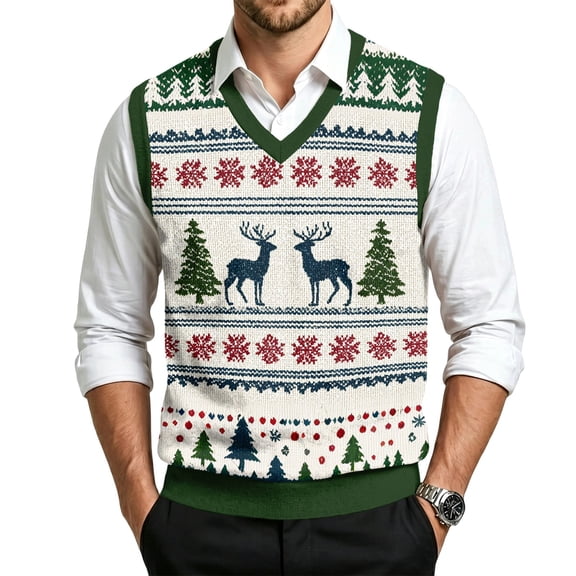 Christmas Sweater Vest Men Fall Casual Novelty Xmas Graphic Sleeveless V Neck Knit Holiday Party Pullover Vest White M