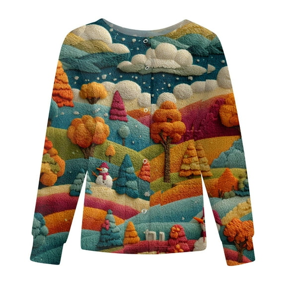 Christmas Sweater Women Cute Print Pullover Fashion Christmas Festive Tops Fall Warm Soft Button Sweatshirts