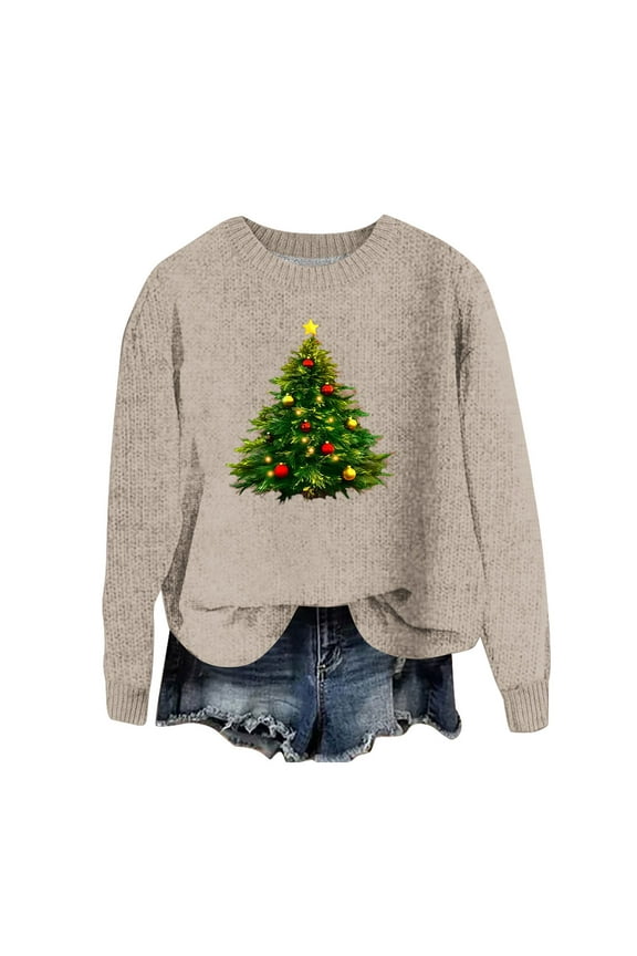 Christmas Sweater Women - Holiday Sweaters for Women, Women's Xmas Sweaters Christmas Tree Printed Sweater Crew Neck Long Sleeve Sweaters Pullover Tops