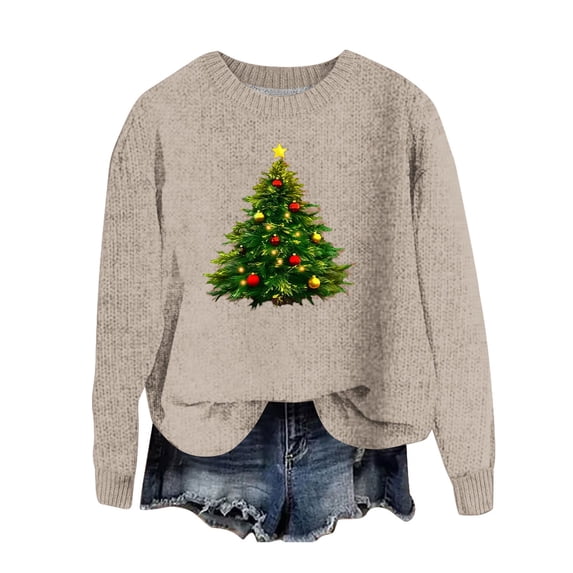 Christmas Sweater Women - Holiday Sweaters for Women, Women's Xmas Sweaters Christmas Tree Printed Sweater Crew Neck Long Sleeve Sweaters Pullover Tops