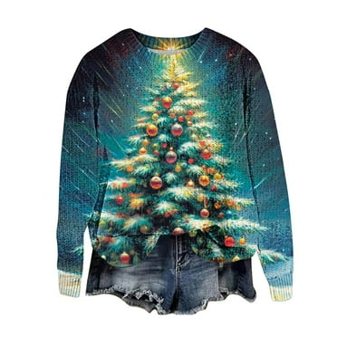 Christmas Sweater Women - Knit Sweater for Women, Women Christmas Sweater Xmas Tree Printed Sweaters Long Sleeve Crew Neck Sweaters Pullover Top
