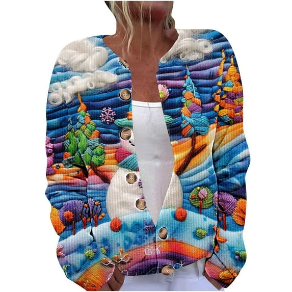 Christmas Sweater Women Plus Size Print Button up Cardigan Sweaters Winter Warm Cozy Cable Knit Sweater Coats