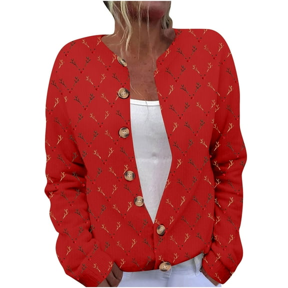 Christmas Sweater Women Plus Size Print Button up Cardigan Sweaters Winter Warm Cozy Cable Knit Sweater Coats