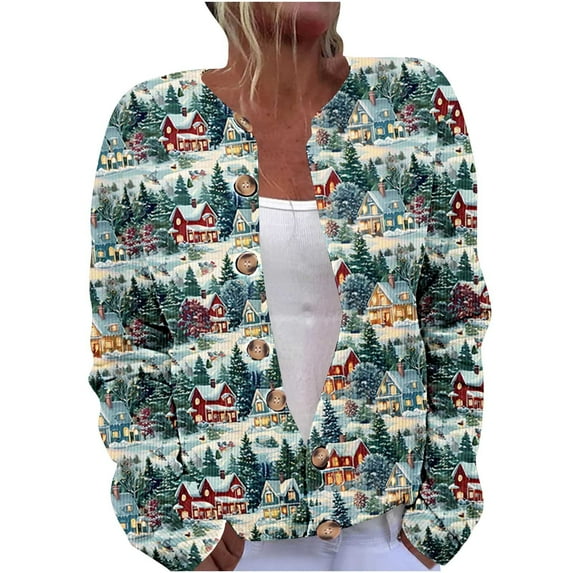 Christmas Sweater Women Plus Size Print Button up Cardigan Sweaters Winter Warm Cozy Cable Knit Sweater Coats