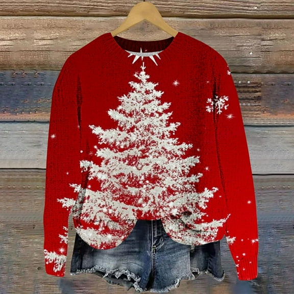 Christmas Sweater Women Sweaters Casual Christmas Round Neck Long Sleeve Sweater with Unique Print Designs