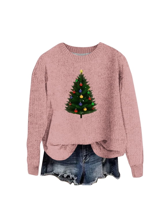Christmas Sweater for Women - Warm Sweaters for Women, Women's Xmas Sweaters Christmas Tree Print Sweater Round Neck Long Sleeve Pullover Sweater Tops