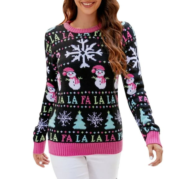 Christmas Sweater Womens European And American Casual Snowman Pullover Sweater Autumn And Winter Cartoon Knitted Sweater Relaxed Fit Long Sleeve Cute Sweaters for Women Pink S