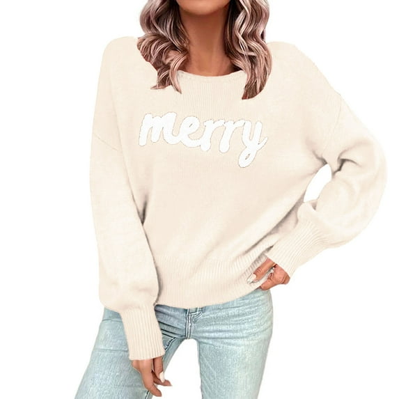 Christmas Sweater Womens New Crew Neck Long Sleeved Pullover for Relaxed Fit Cute Sweaters for Women Beige L