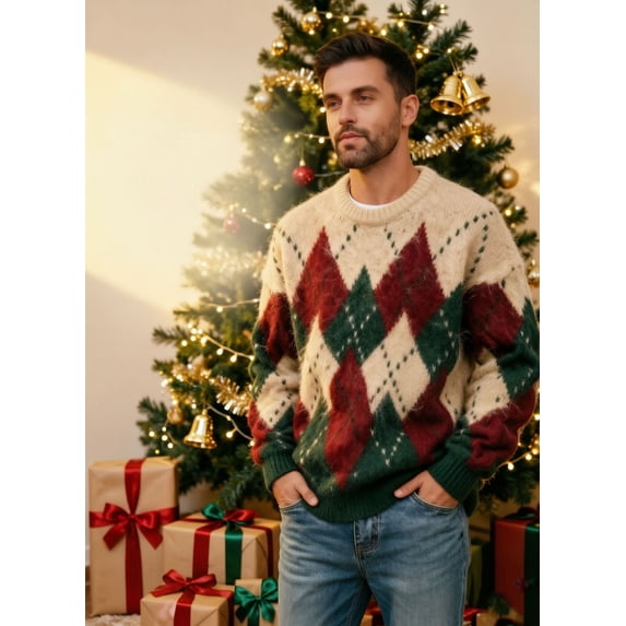 Christmas Sweater for Men, Argyle Knit Crewneck Long Sleeve Relaxed Fit, Fall Soft Party Holiday Casual Tops S-3XL