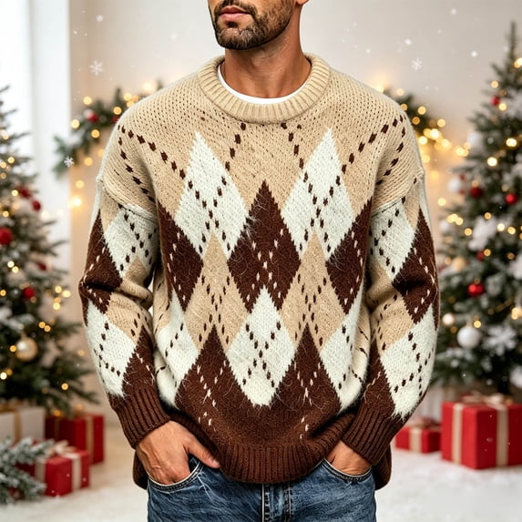 Christmas Sweater for Men, Argyle Knit Crewneck Long Sleeve Relaxed Fit, Fall Soft Party Holiday Casual Tops S-3XL