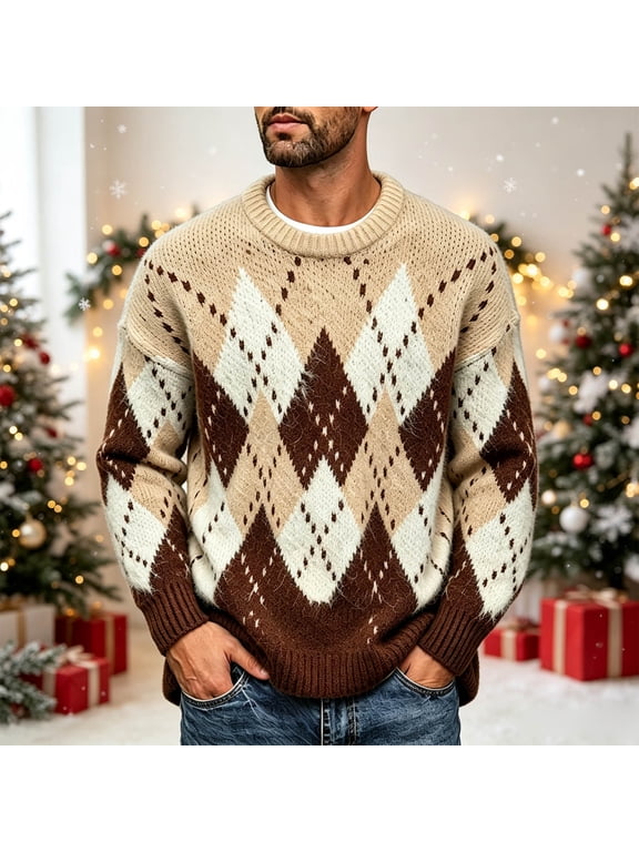 Christmas Sweater for Men, Argyle Knit Crewneck Long Sleeve Relaxed Fit, Fall Soft Party Holiday Casual Tops S-3XL