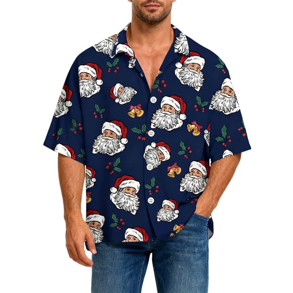 Christmas Sweater for Men Style Short Sleeved Button Down Christmas Printed Mens Autumn and Winter Clothes,Dark Blue,4XL