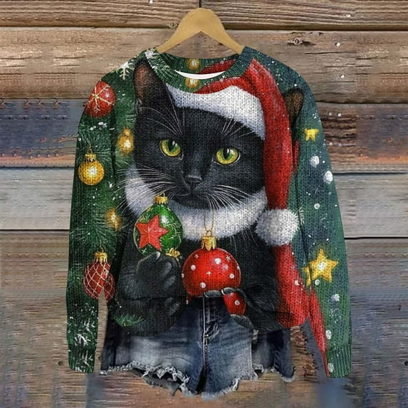 Christmas Sweater for Women Ladies Sweaters Festive Christmas Print Round Neck Long Sleeve Sweater - Suitable for Holiday Parties