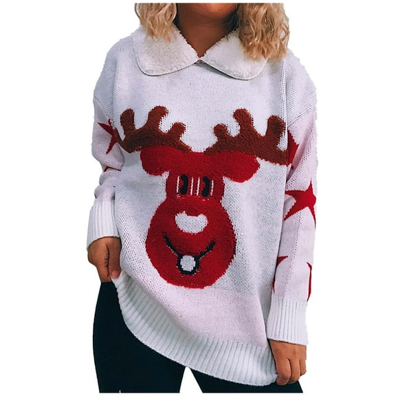 Christmas Sweater for Women Lapel Sweater Pullover Reindeer Cable Knit Sweater Oversized Loose Fit Round Neck Sweater on Womens Sweatshirt