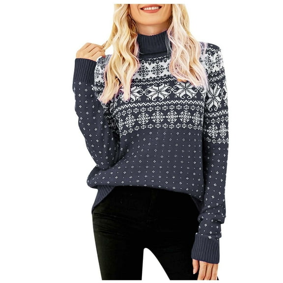 Christmas Sweater for Women Snowflake Long Sleeve Turtleneck Knitted Tops Soft Comfy Fall Winter Pullover Sweater