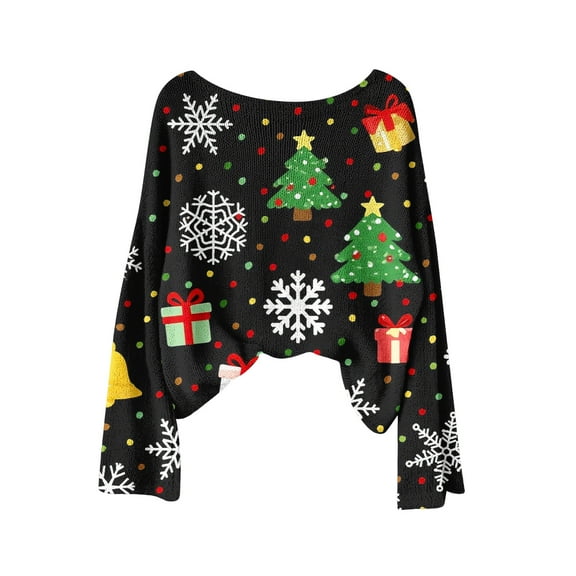 Christmas Sweater for Womens Knit Long Sleeve Round Neck Casual Loose Xmas Graphic Pullover Sweaters Fall Winter Top (XL, Black)