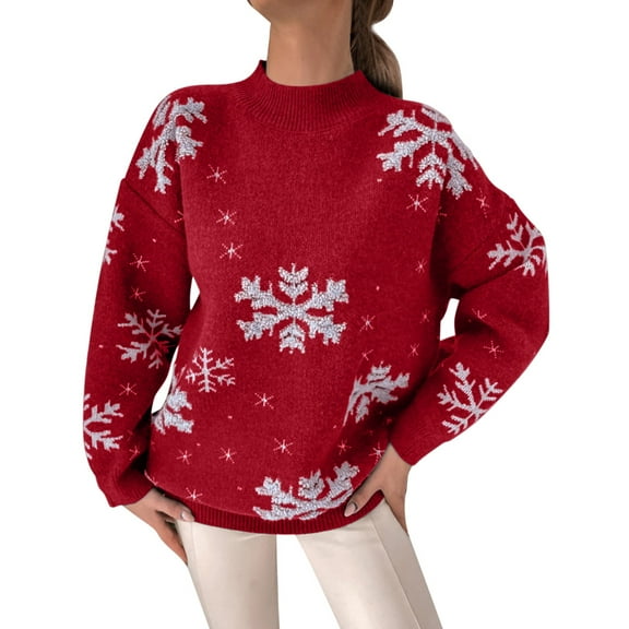 Christmas Sweaters For Womens Christmas Snowflake Knitted Sweater Long Sleeve Crew Neck Print Pullover Knitwear Red