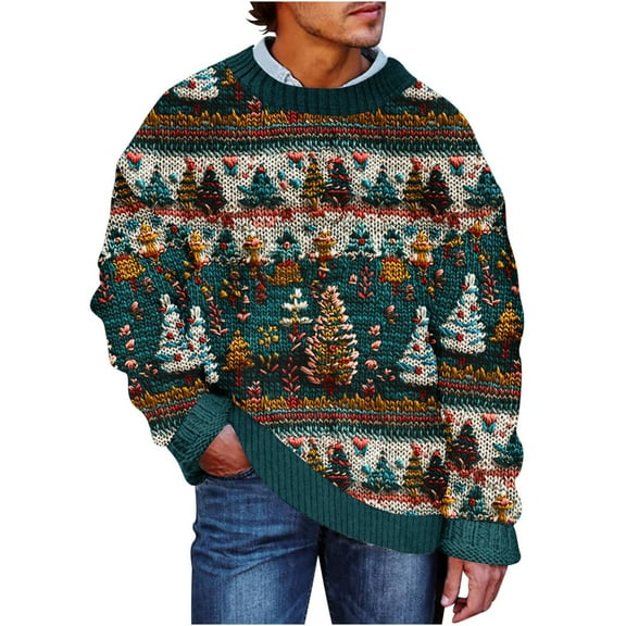 Christmas Sweaters - Men's Sweaters, Men's Christmas Cozy Sweater Xmas Tree Pattern Sweaters Long Sleeve Round Neck Pullover Tops