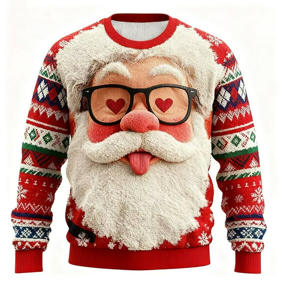 Christmas Sweaters for Mens 2025 Funny Christmas Sweatshirts Crewneck 3D Santa Printed Xmas Holiday Long Sleeve Pullover Shirts with Pocket Watermelon Red XXL