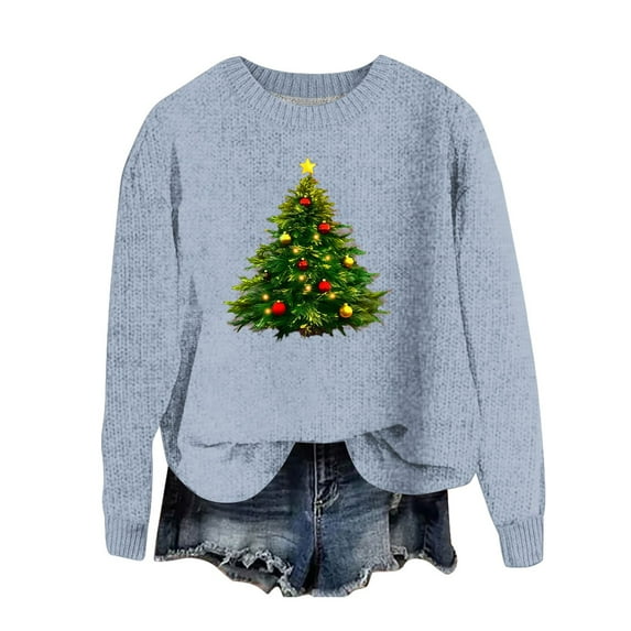 Christmas Sweaters for Women 2024 - Warm Sweaters for Women, Women's Xmas Sweaters Christmas Tree Printed Sweater Crew Neck Long Sleeve Sweaters Pullover Tops