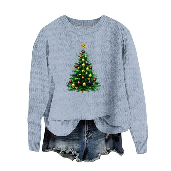 Christmas Sweaters for Women 2024 - Womens Pullover Sweaters, Womens Christmas Sweater Xmas Tree Printed Sweaters Long Sleeve Crewneck Pullover Sweater Tops