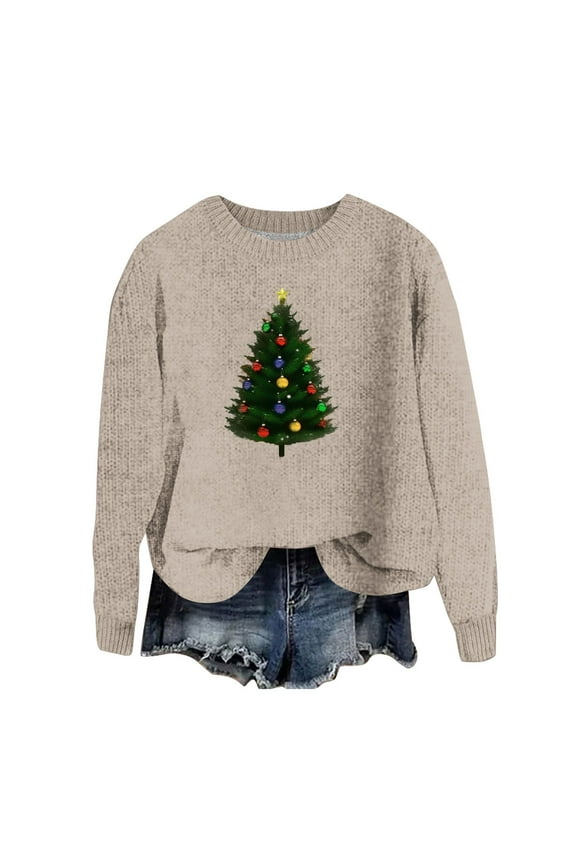 Christmas Sweaters for Women - Casual Sweaters for Women, Women's Xmas Sweaters Christmas Tree Print Sweater Round Neck Long Sleeve Pullover Sweater Tops