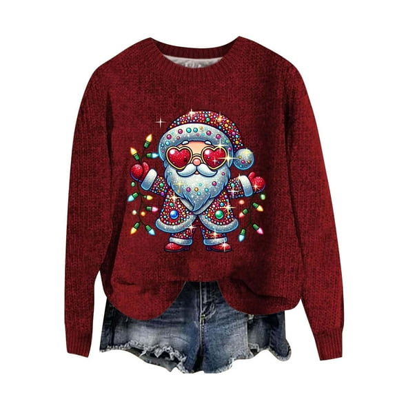 Christmas Sweaters for Women Long Sleeve Crew Neck Knit Relaxed Fit Xmas Holiday Pullover Sweater Themed Print Soft Casual Winter Jumper Tops Women's Oversized Sweaters