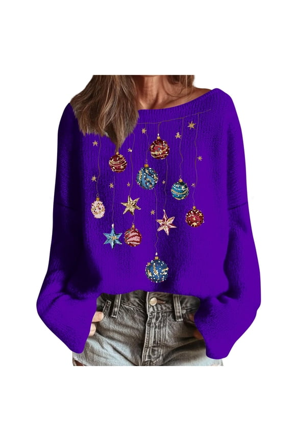Christmas Sweaters Women Oversized Crewneck Knit Pullover Sweatshirt Drop Shoulder Long Sleeve Xmas Holiday Tops (XL, Purple)