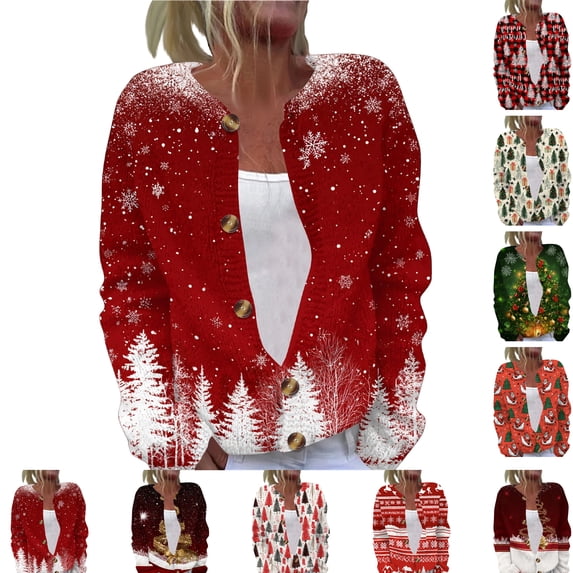 Christmas Sweaters for Women Plus Size Casual Shiny Snowflake Print Lightweight Button Knit Cardigan Sweater Long Sleeve Open Front Cozy Trendy Fall Winter Womens Sweaters Wine L