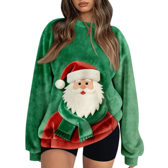 Christmas Sweaters Womens Soft Flannel Crewneck Pullover Loose Long Sleeve Santa Claus Printed Cute Holiday Tops (XL, Green)