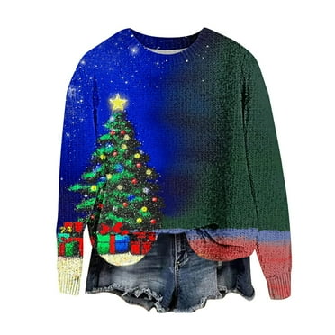 Christmas Sweaters - Womens Sweaters Clearance, Women Christmas Sweater Xmas Tree Printed Sweaters Long Sleeve Crew Neck Sweaters Pullover Top