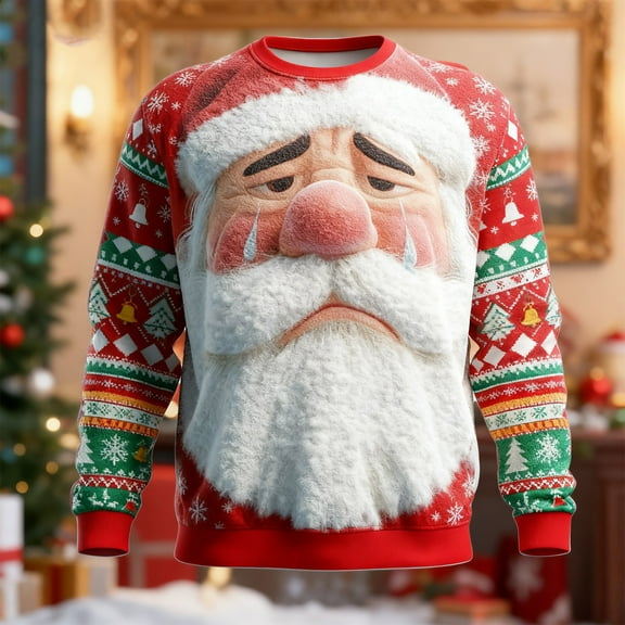 Christmas Sweaters for Men 2025 Funny Christmas Sweatshirts Crewneck 3D Santa Printed Xmas Holiday Long Sleeve Pullover Shirts with Pocket Red S