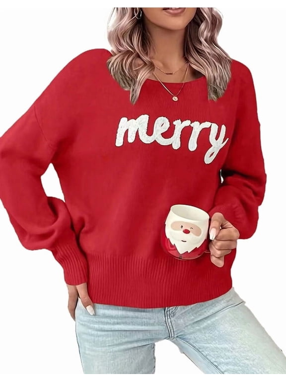 Christmas Sweaters for Women Casual Loose Scoop Neck Pullover Sweater Letter Merry Printed Ugly Christmas Sweater Red Shermie