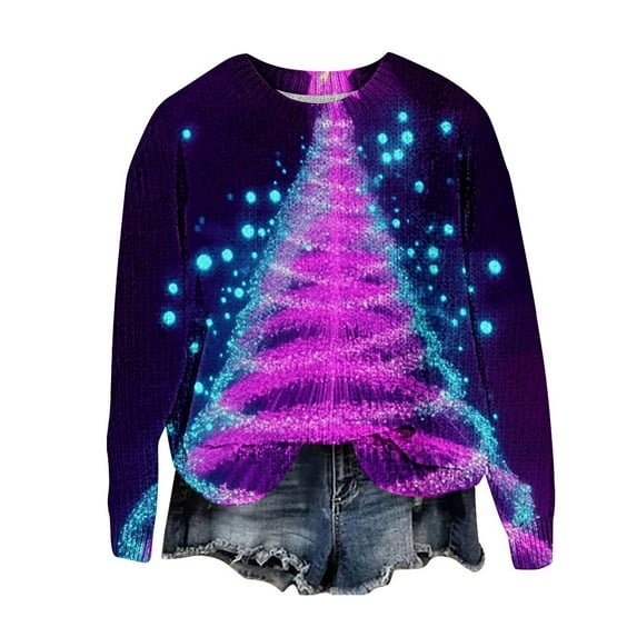 Christmas Sweaters for Women 2024 - Casual Sweaters for Women, Women's Christmas Tree Printed Sweater Long Sleeve Round Neck Sweaters Pullover Tops