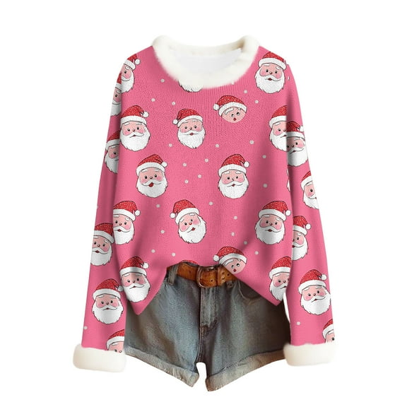 Christmas Sweaters for Women 2025 Faux Fur Trim Crew Neck Tops Graphic Xmas Long Sleeve Holiday Pullover