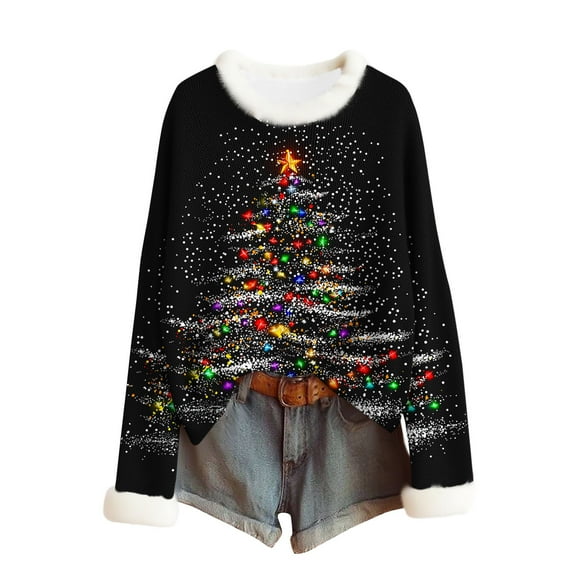 Christmas Sweaters for Women 2025 Faux Fur Trim Crew Neck Tops Graphic Xmas Long Sleeve Holiday Pullover