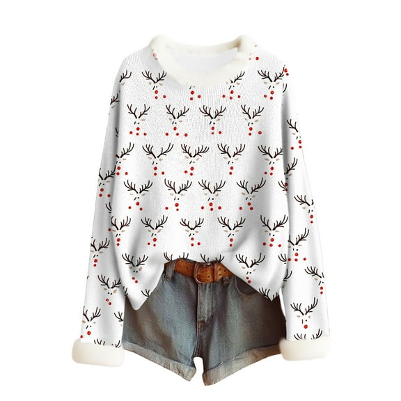 Christmas Sweaters for Women 2025 Faux Fur Trim Crew Neck Tops Graphic Xmas Long Sleeve Holiday Pullover
